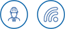 Two blue circular icons illustrating a theme of professionalism and innovation